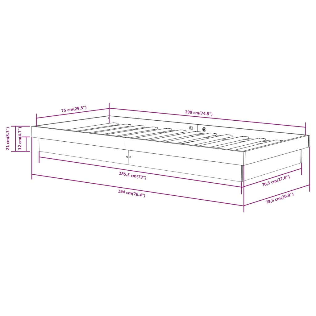 vidaXL Estrutura cama pequena solteiro 75x190 cm madeira maciça