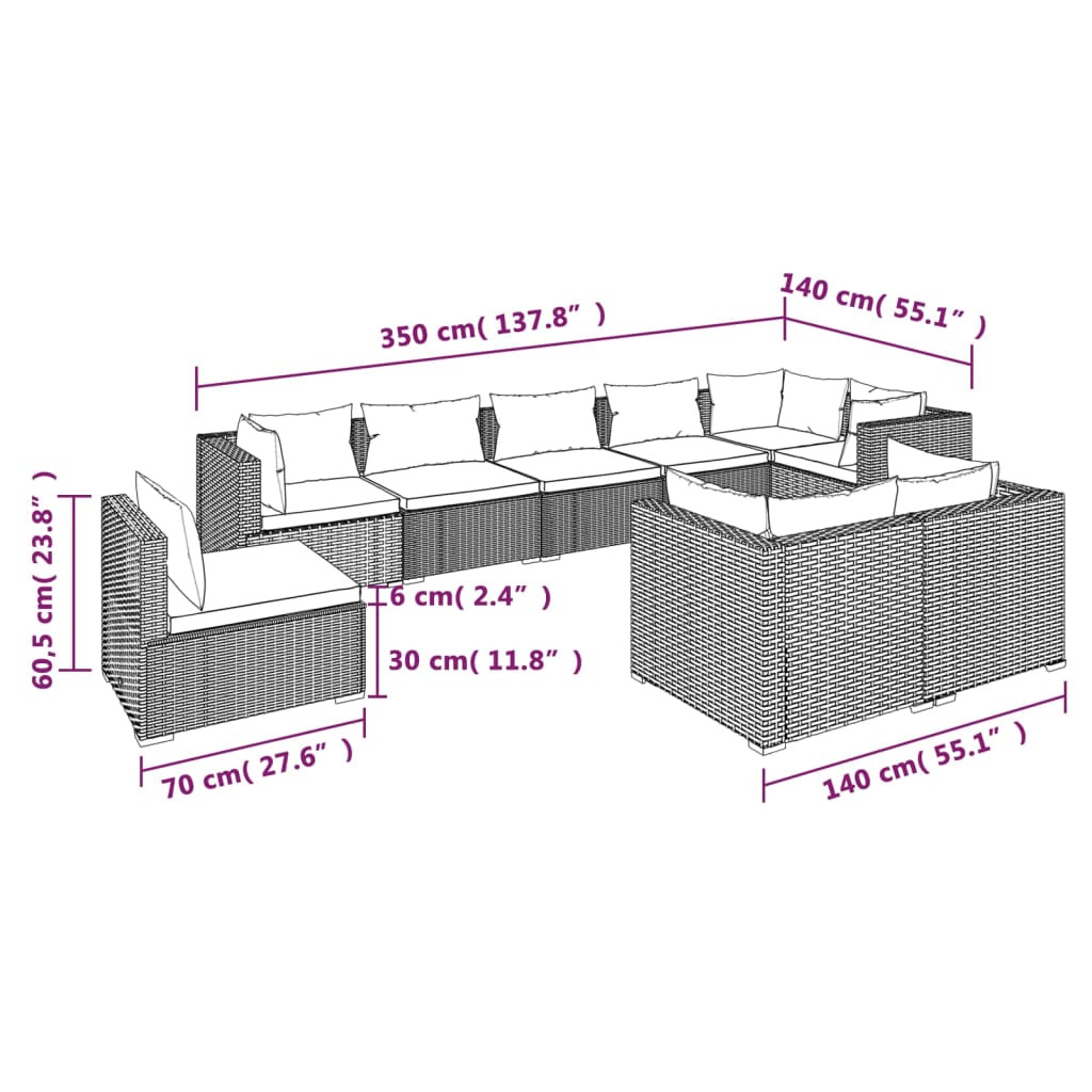 vidaXL 9 pcs conjunto lounge de jardim c/ almofadões vime PE castanho