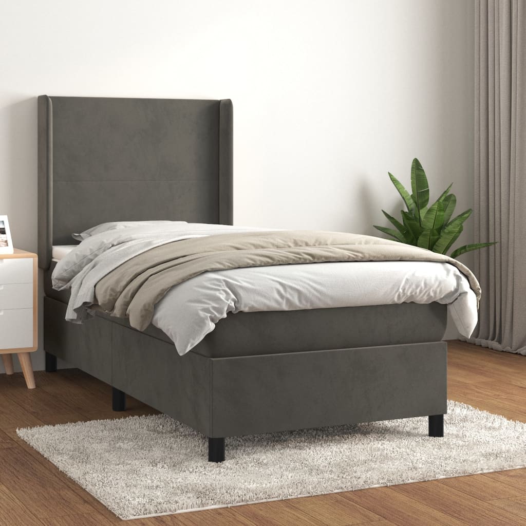 vidaXL Cama com molas/colchão 90x200 cm veludo cinza-escuro