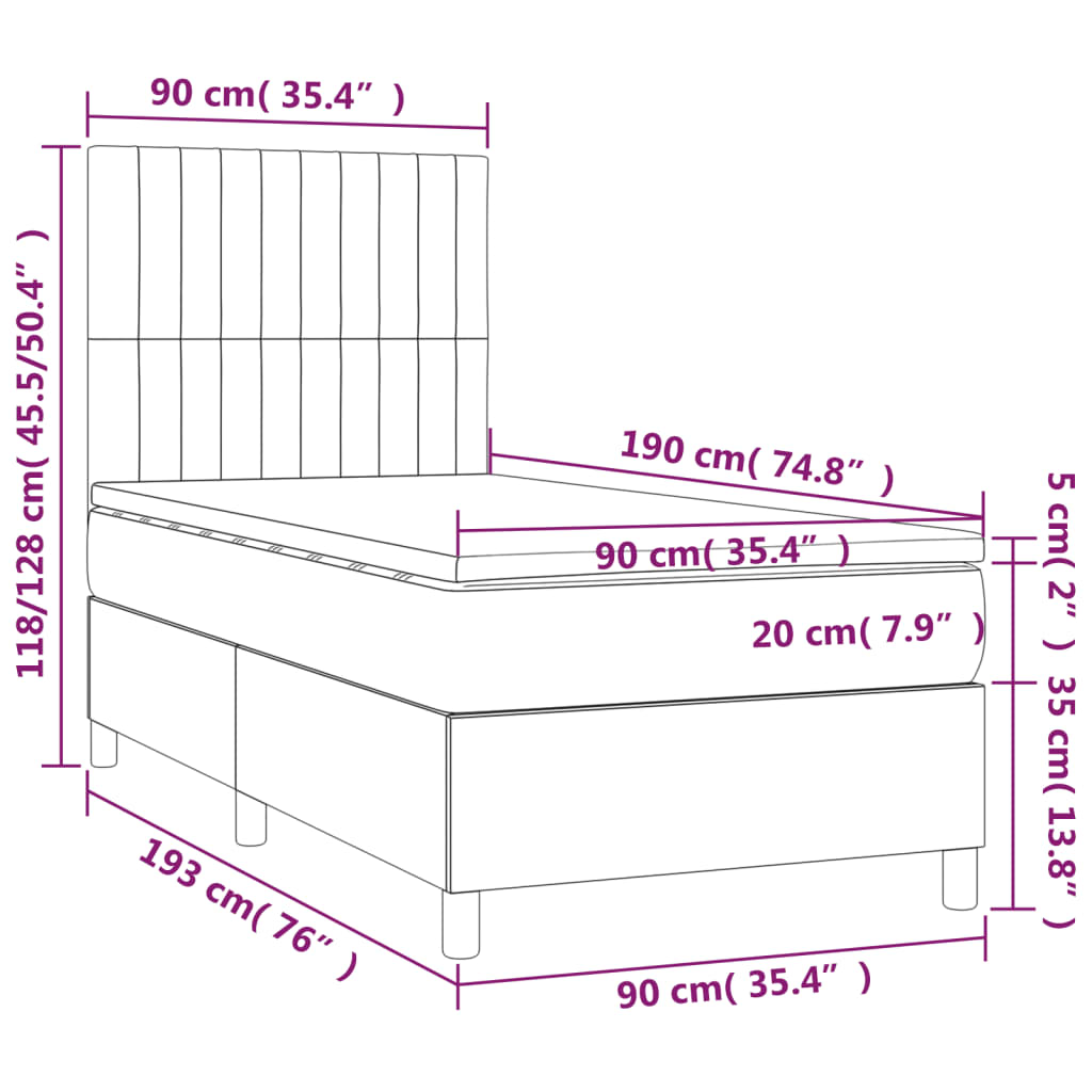 vidaXL Cama box spring c/ colchão/LED 90x190 cm veludo verde-escuro