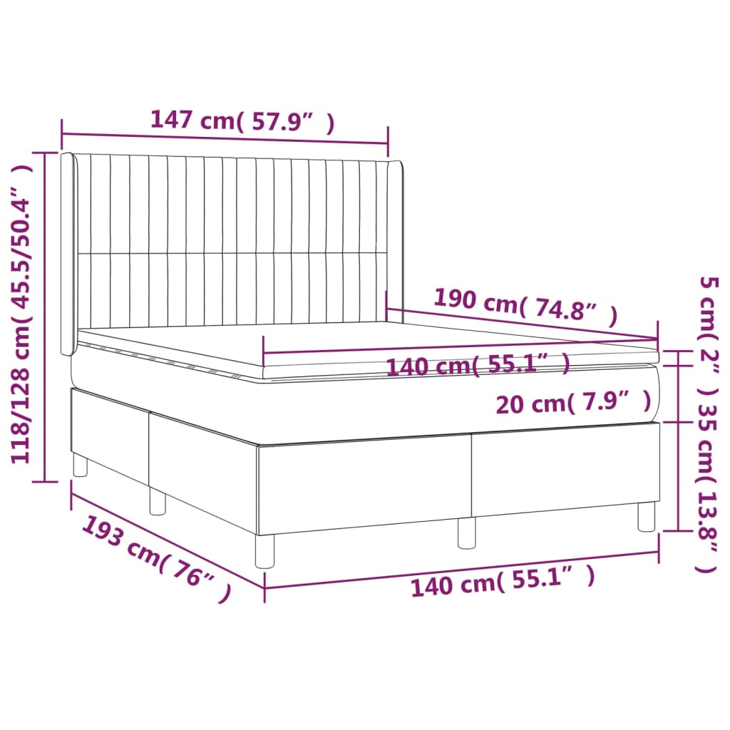 vidaXL Cama box spring c/ colchão/LED 140x190 cm veludo azul-escuro