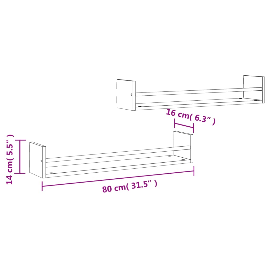 vidaXL Prateleiras de parede c/ barras 2pcs 80x16x14cm carvalho sonoma