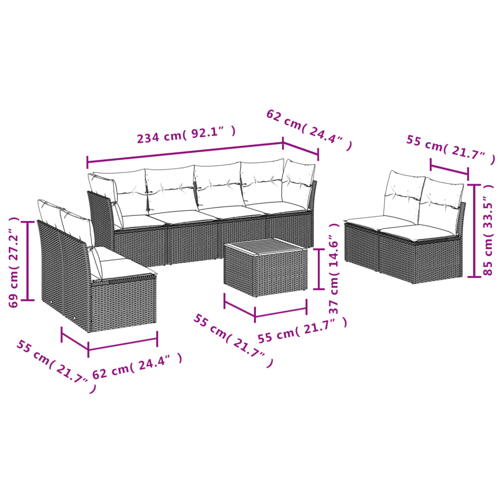 vidaXL 9 pcs conjunto de sofás p/ jardim c/ almofadões vime PE preto