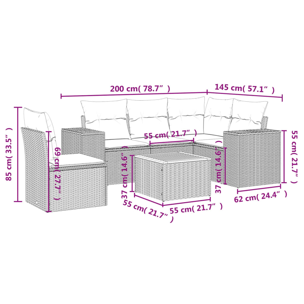 vidaXL 6 pcs conjunto sofás de jardim com almofadões vime cinzento