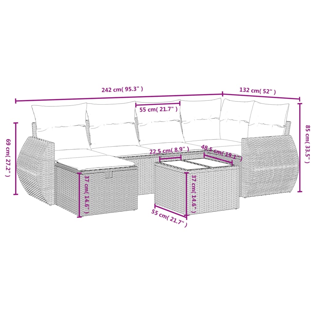 vidaXL 7 pcs conjunto de sofás p/ jardim c/ almofadões vime PE preto