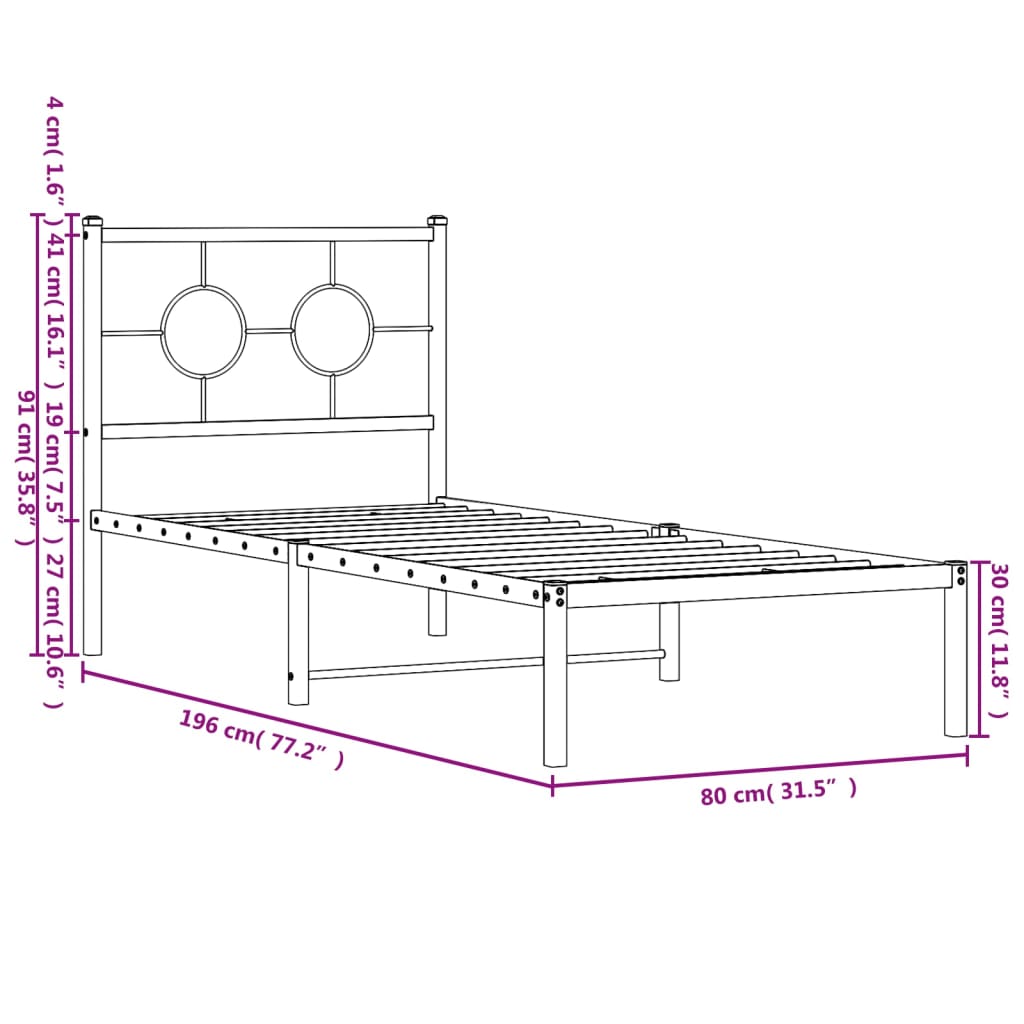 vidaXL Estrutura de cama metal s/ colchão c/ cabeceira 75x190 cm preto