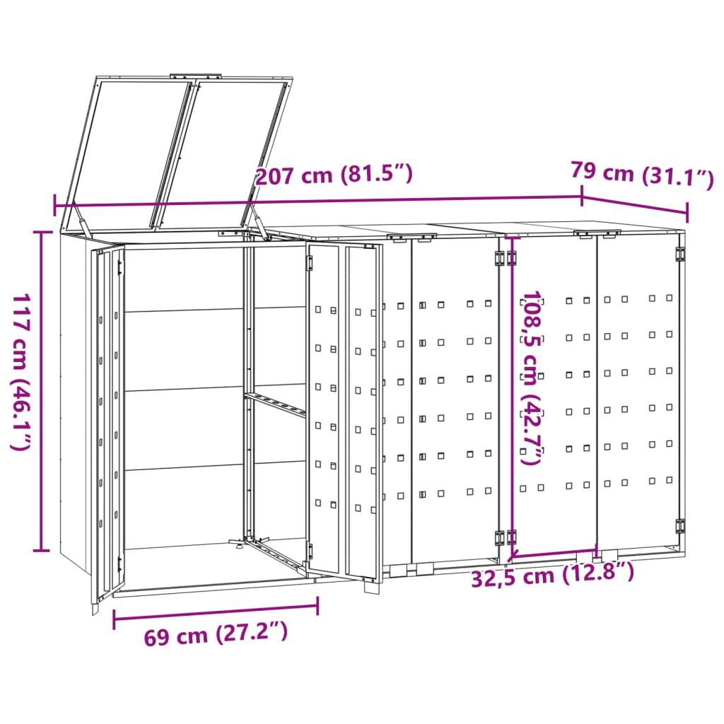 vidaXL Abrigo para 3 caixotes do lixo 207x79x117 cm aço cinzento