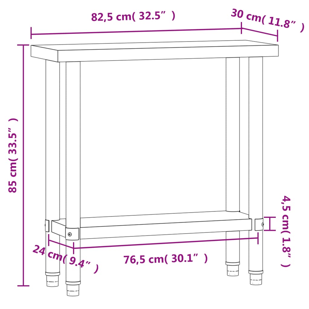 vidaXL Mesa de trabalho para cozinha 82,5x30x85 cm aço inoxidável