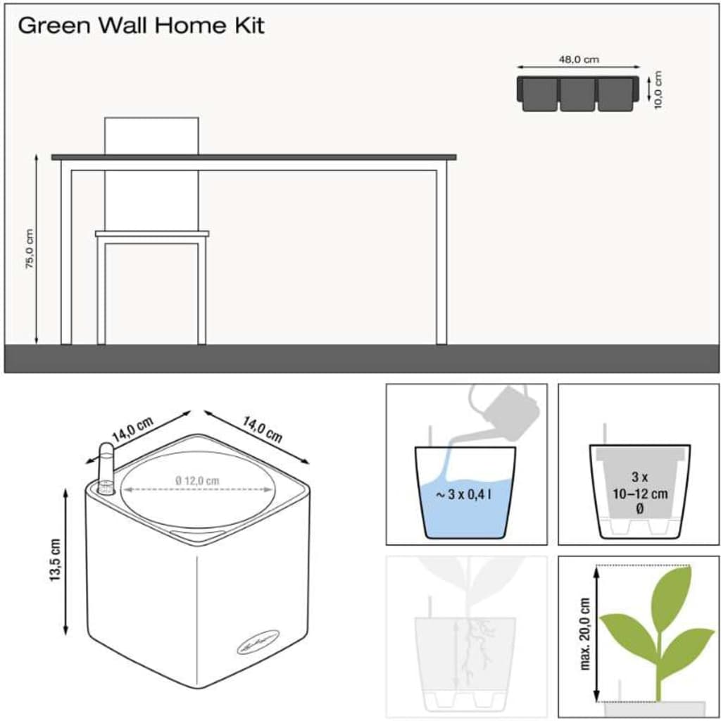 LECHUZA Vasos 3 pcs Green Wall Home Kit antracite brilhante