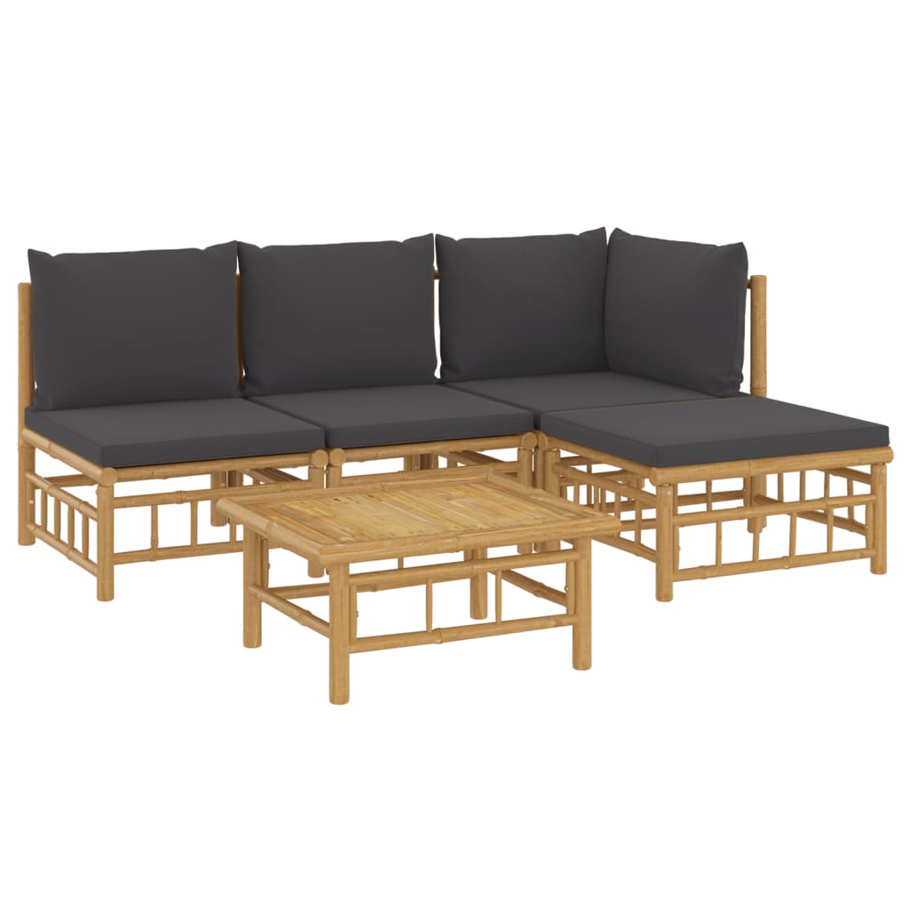 vidaXL 5 pcs conjunto lounge jardim bambu c/ almofadões cinza-escuro