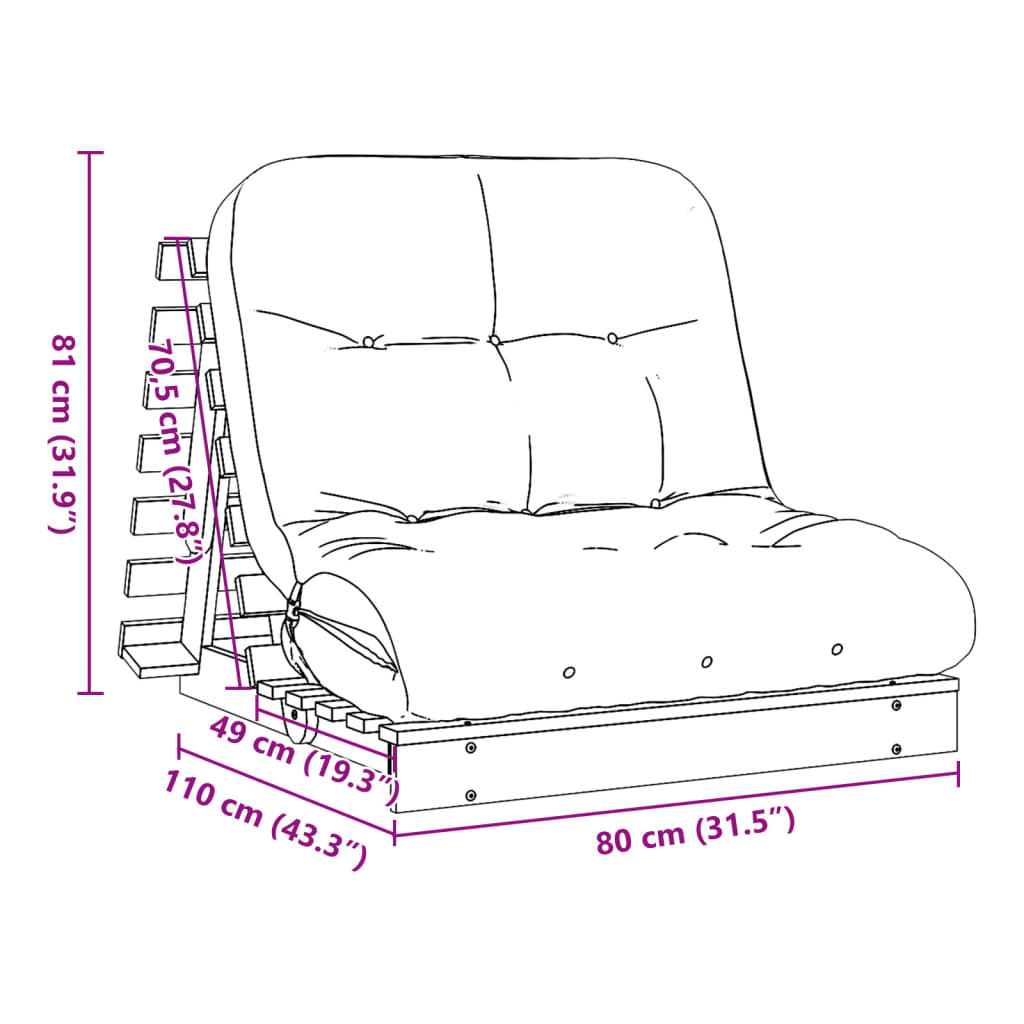 vidaXL Sofá-cama futon c/ colchão 80x206x11cm madeira pinho impregnada