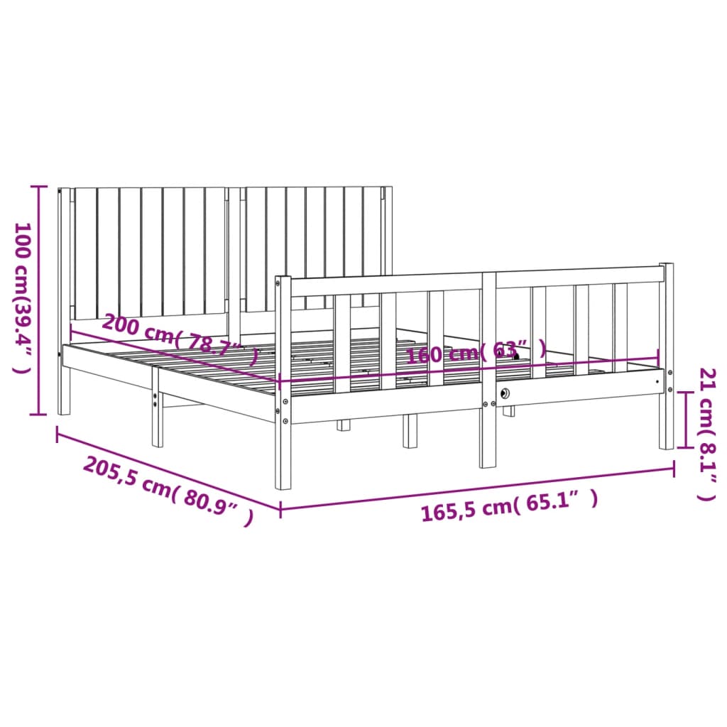 vidaXL Estrutura de cama com cabeceira 160x200 cm madeira maciça