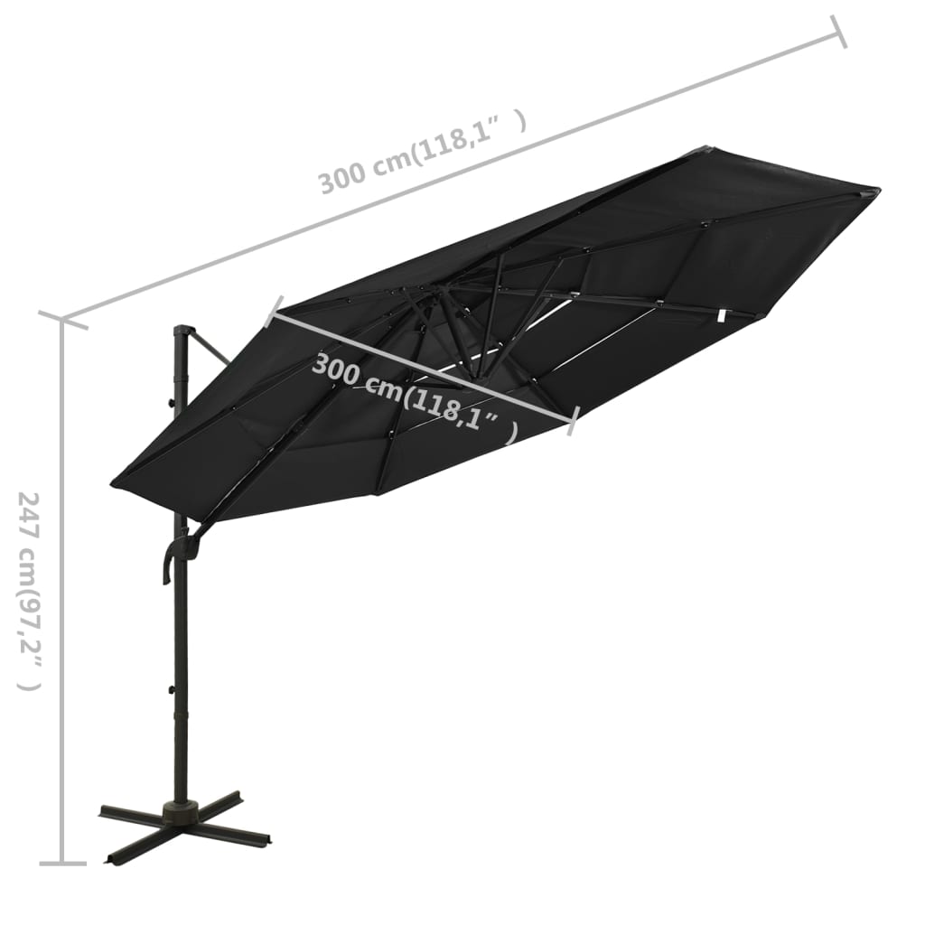 vidaXL Guarda-sol de jardim 4 camadas c/ poste de alumínio 3x3 m preto