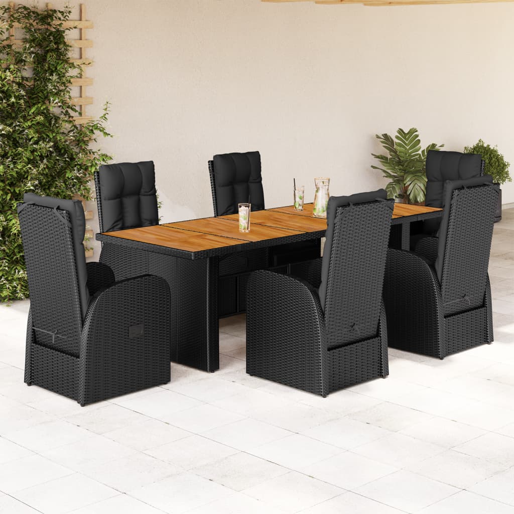 vidaXL 7 pcs conjunto de jantar p/ jardim c/ almofadões vime PE preto