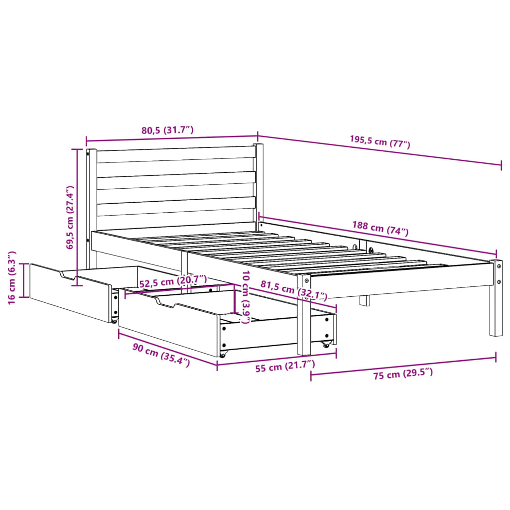 vidaXL Cama sem colchão 75x190 cm madeira de pinho maciça branco