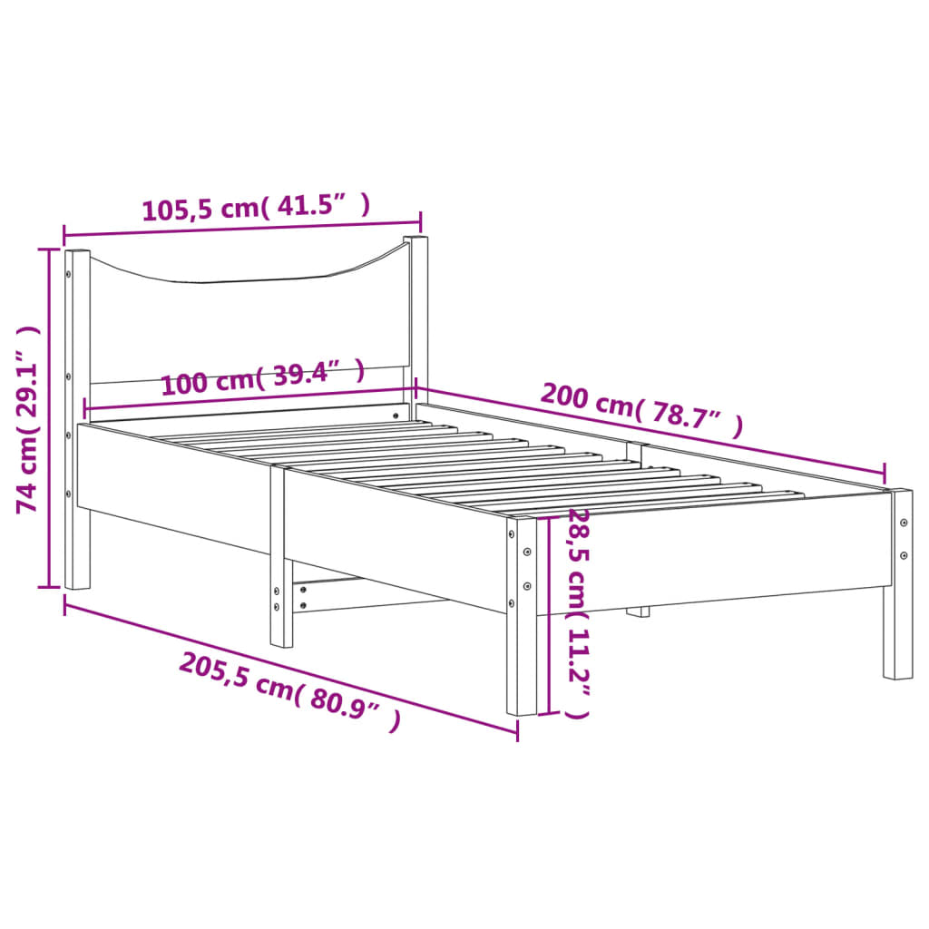 vidaXL Cama sem colchão 100x200 cm madeira de pinho maciça