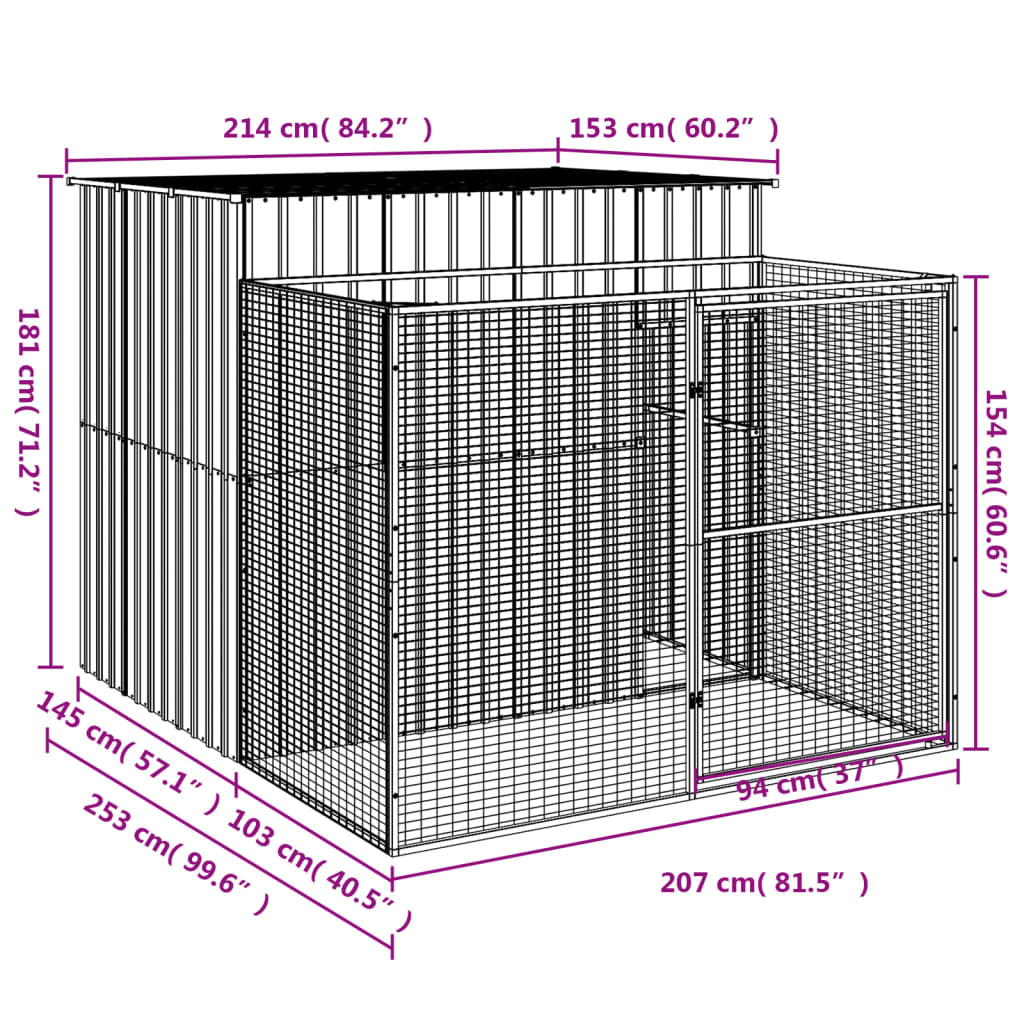 vidaXL Casota p/ cães c/ parque 214x253x181 cm aço galvaniz. antracite