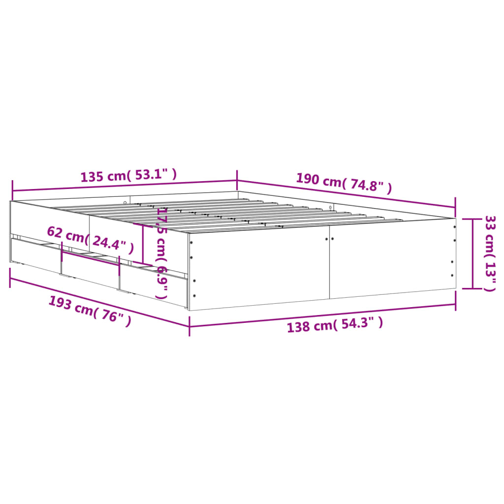 vidaXL Estrutura de cama c/ gavetas 135x190 cm derivados madeira preto