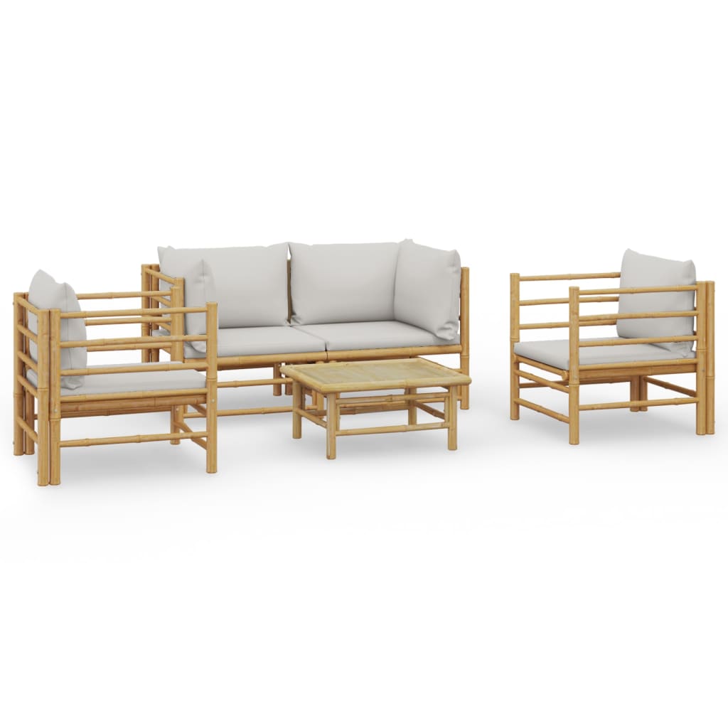 vidaXL 5 pcs conj. lounge de jardim bambu c/ almofadões cinzento-claro