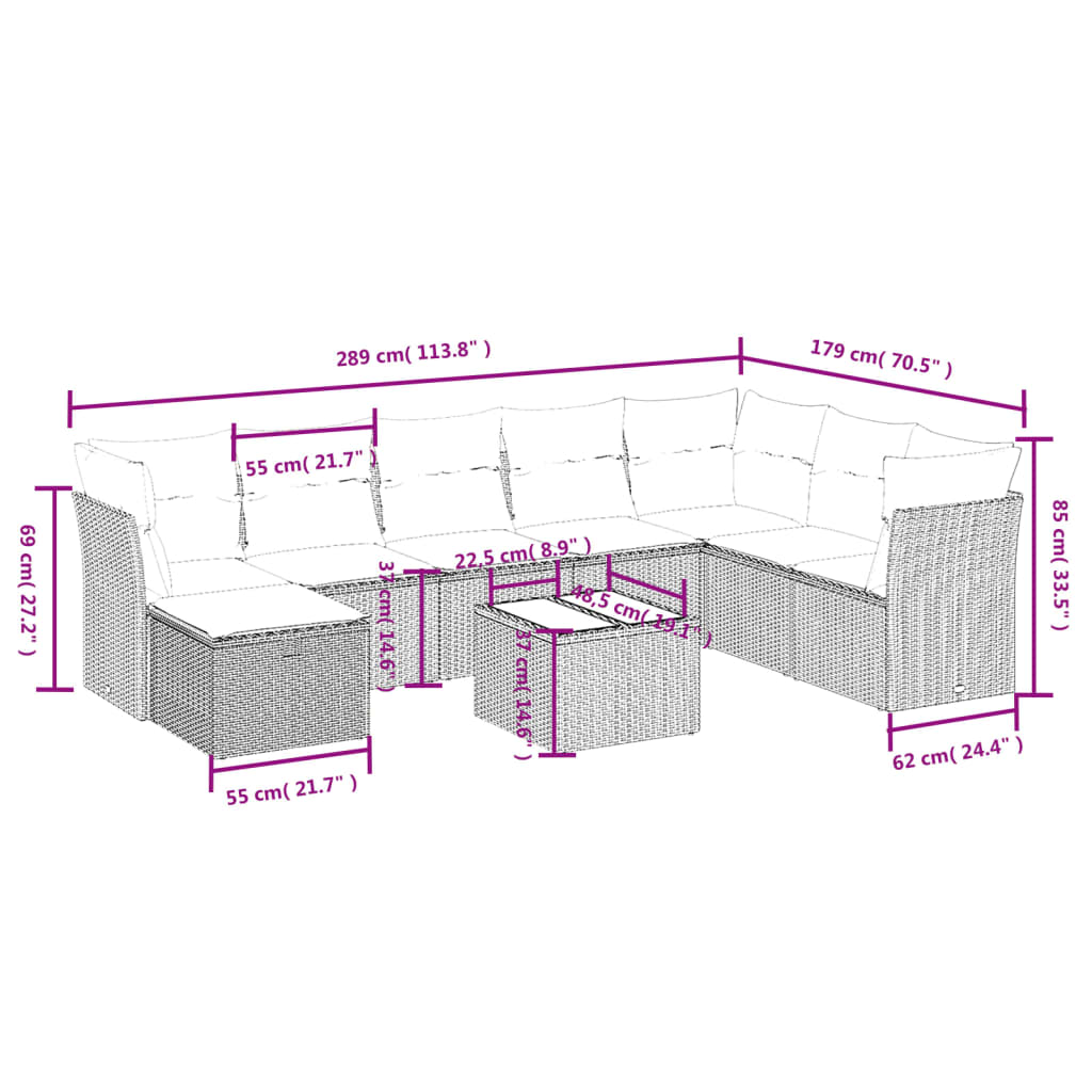 vidaXL 9 pcs conjunto sofás p/ jardim com almofadões vime PE cinzento