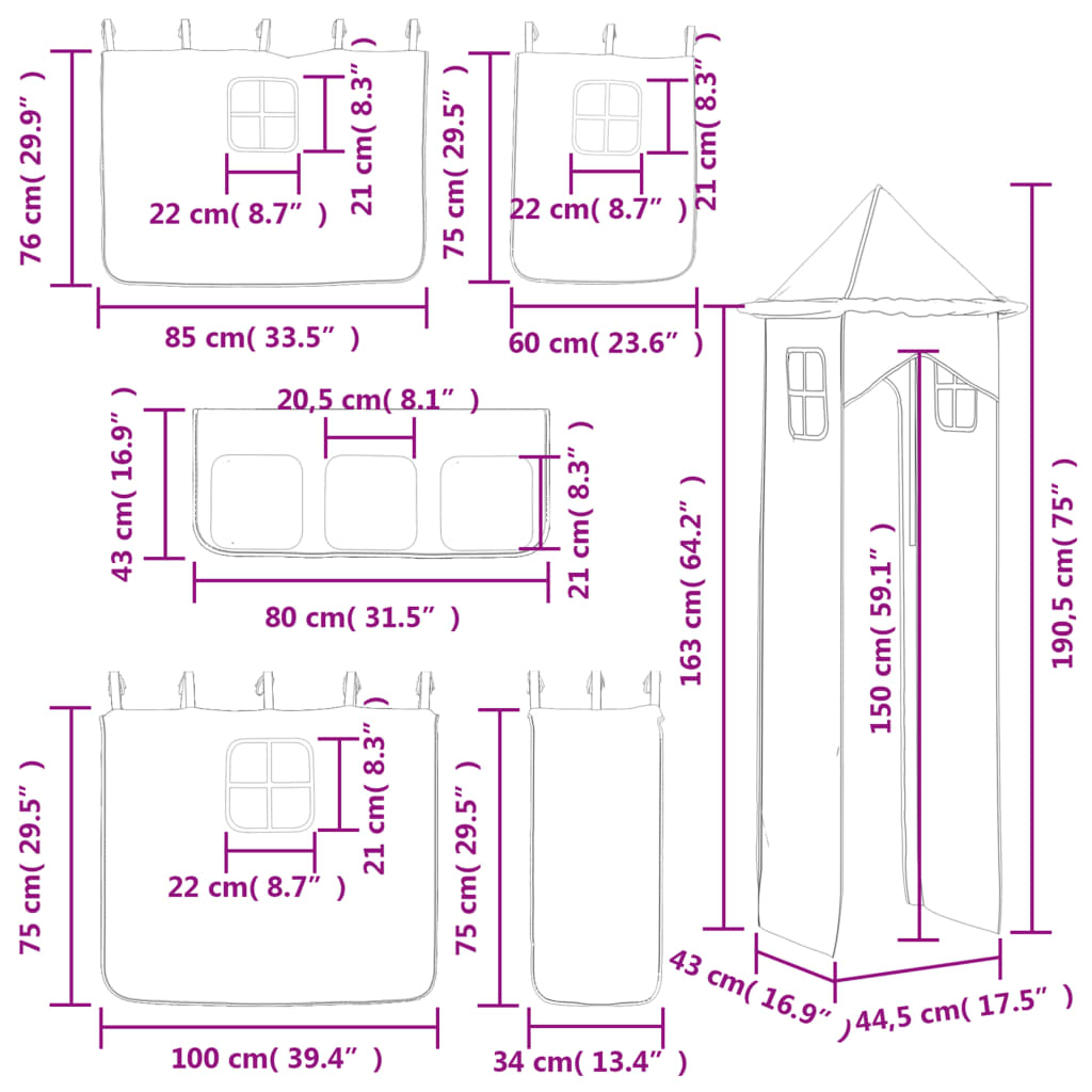 vidaXL Cama alta para criança com torre 80x200 cm pinho maciço rosa