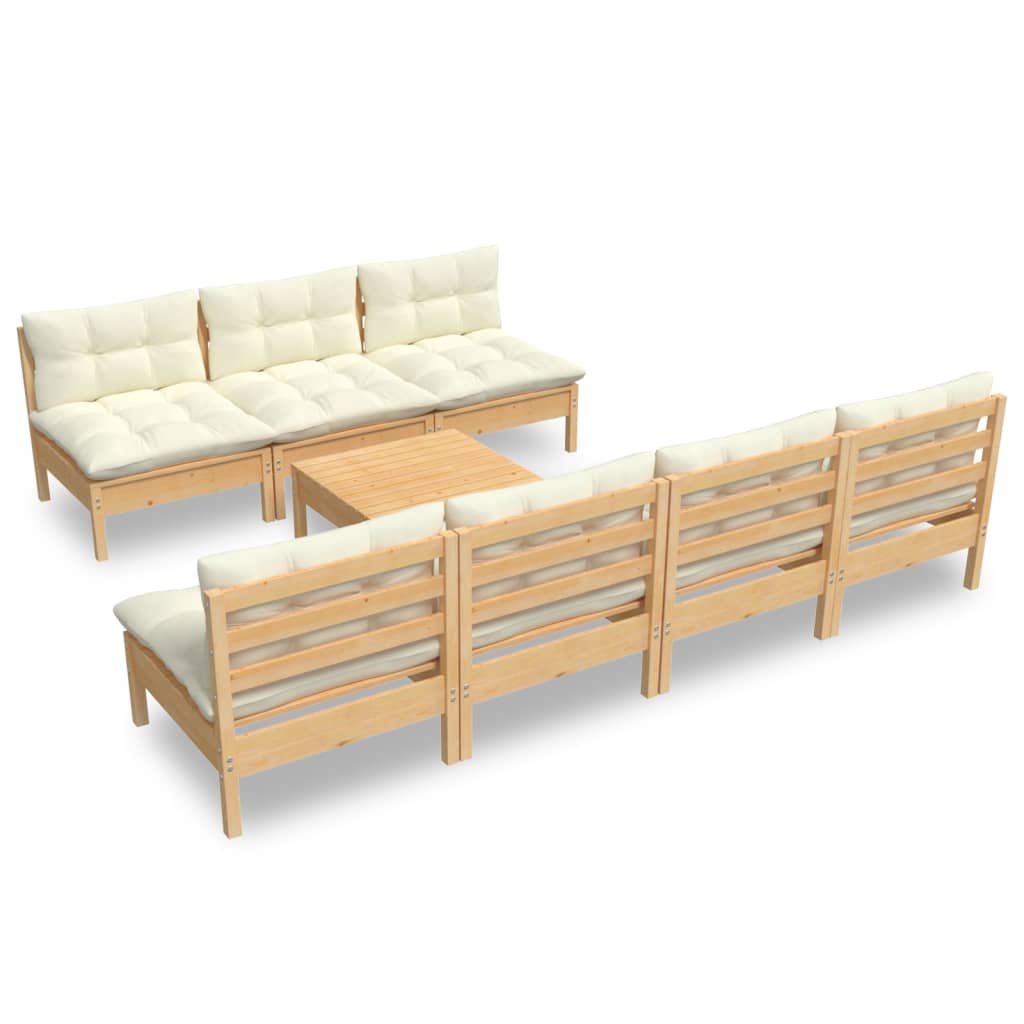 vidaXL 8 pcs conjunto lounge jardim c/ almofadões cor creme pinho