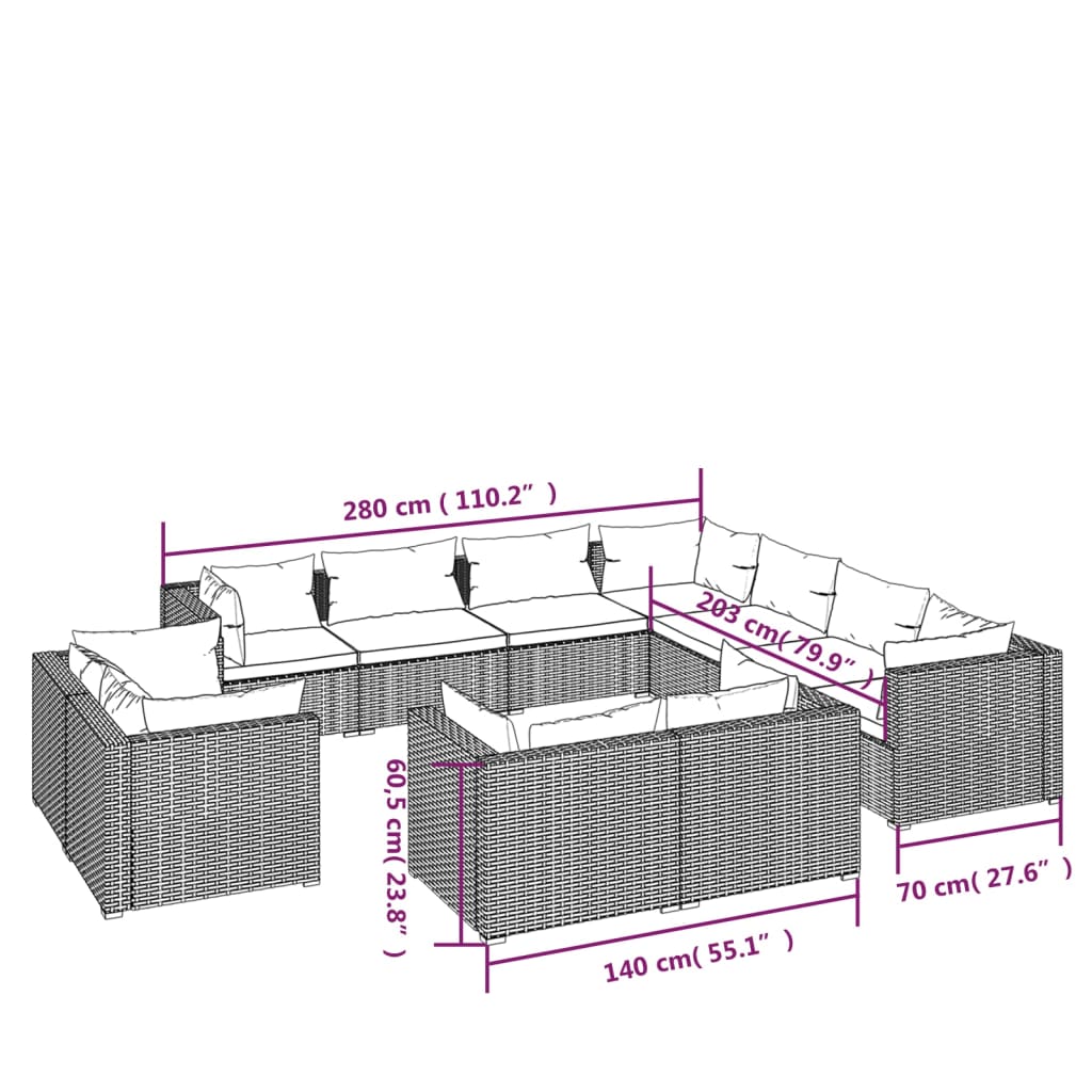 vidaXL 11 pcs conjunto lounge de jardim c/ almofadões vime PE cinza