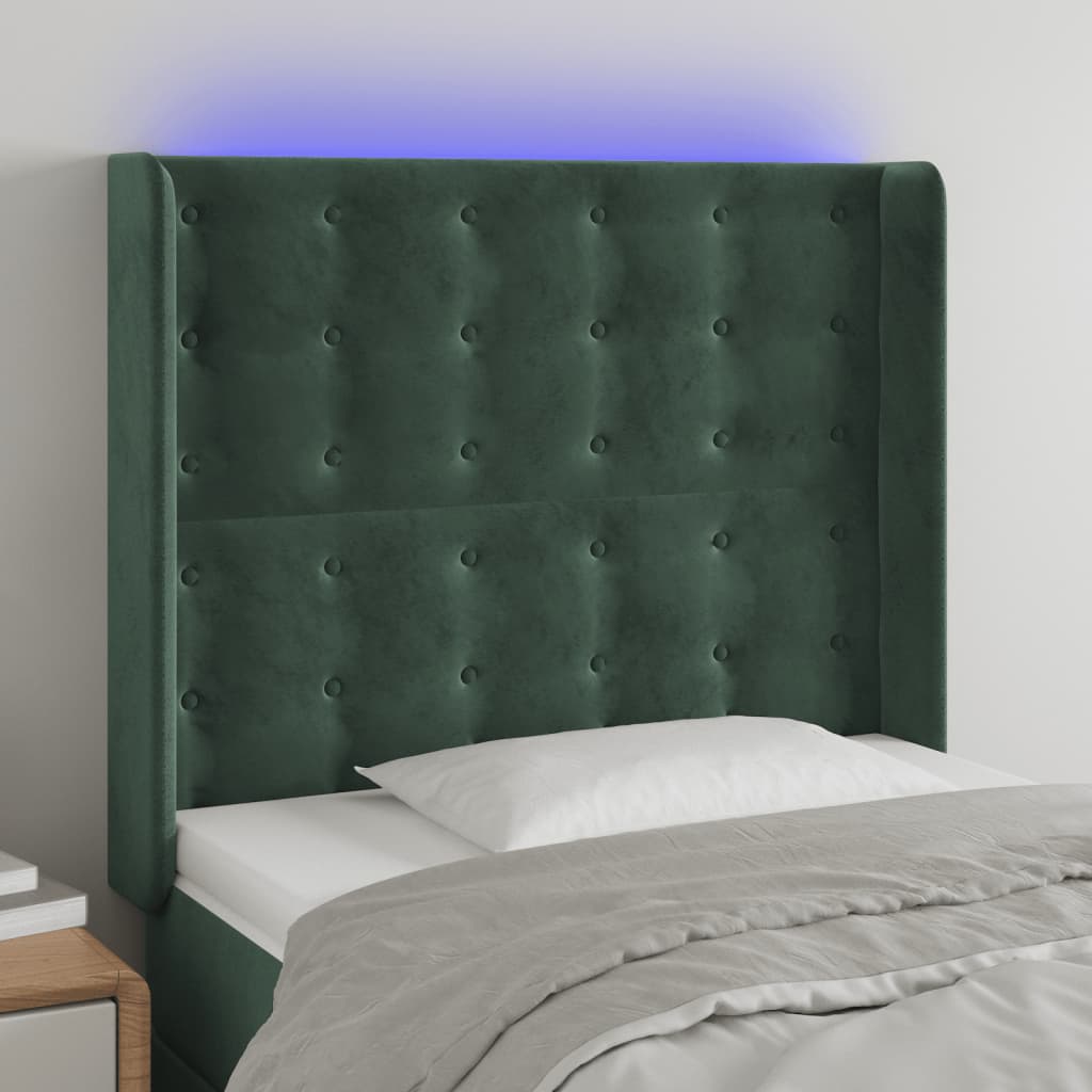 vidaXL Cabeceira cama c/ luzes LED veludo 83x16x118/128cm verde-escuro