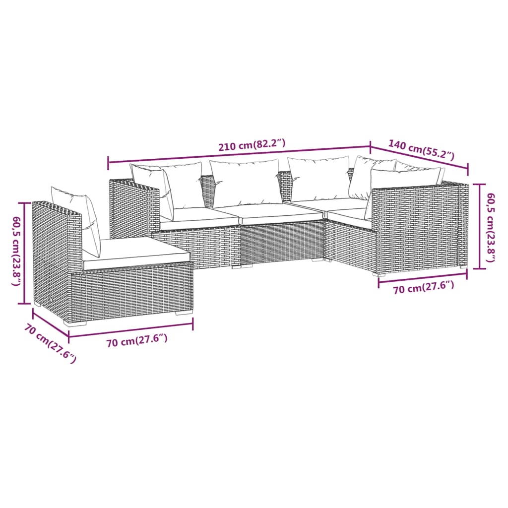 vidaXL 5 pcs conjunto lounge jardim c/ almofadões vime PE castanho