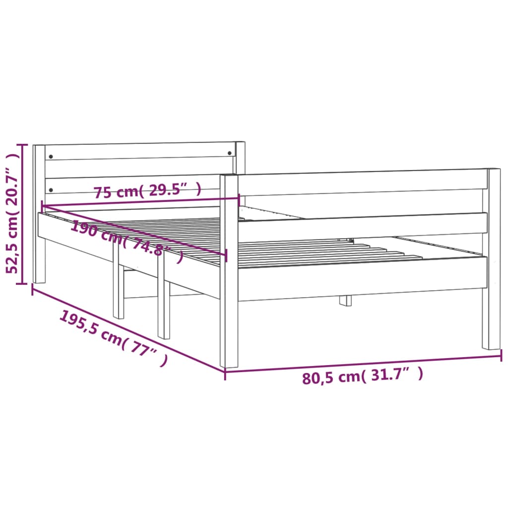 vidaXL Cama sem colchão 75x190 cm madeira de pinho maciça