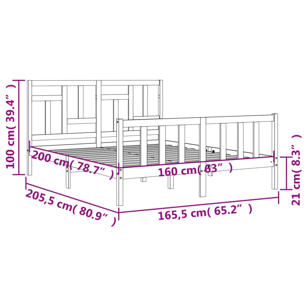 vidaXL Estrutura de cama com cabeceira 160x200 cm madeira maciça