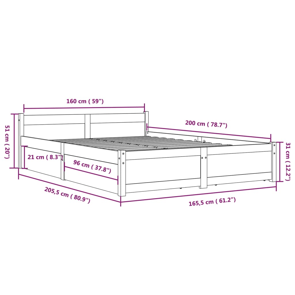 vidaXL Estrutura de cama com gavetas 160x200 cm preto
