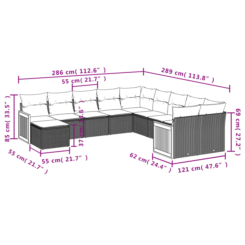 vidaXL 11 pcs conjunto sofás de jardim c/ almofadões vime PE preto