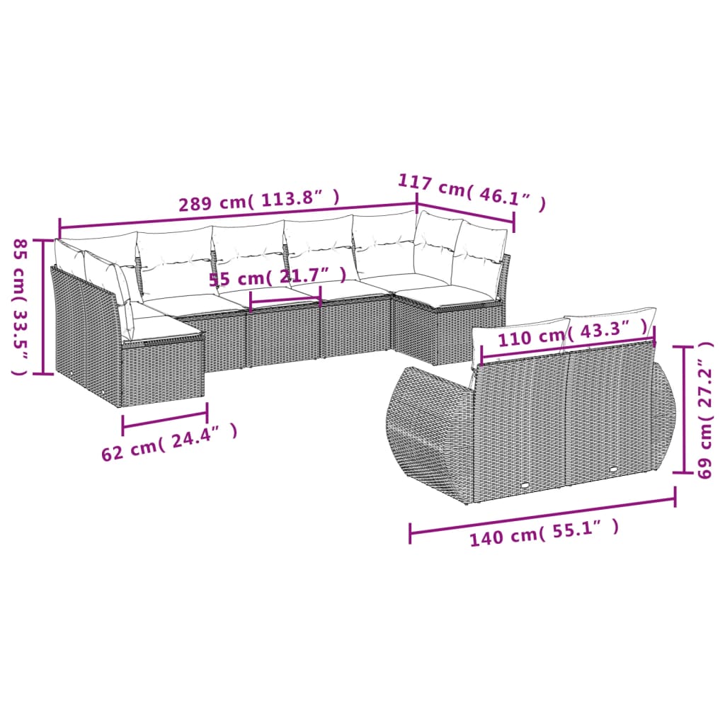 vidaXL 9 pcs conjunto de sofás p/ jardim com almofadões vime PE bege