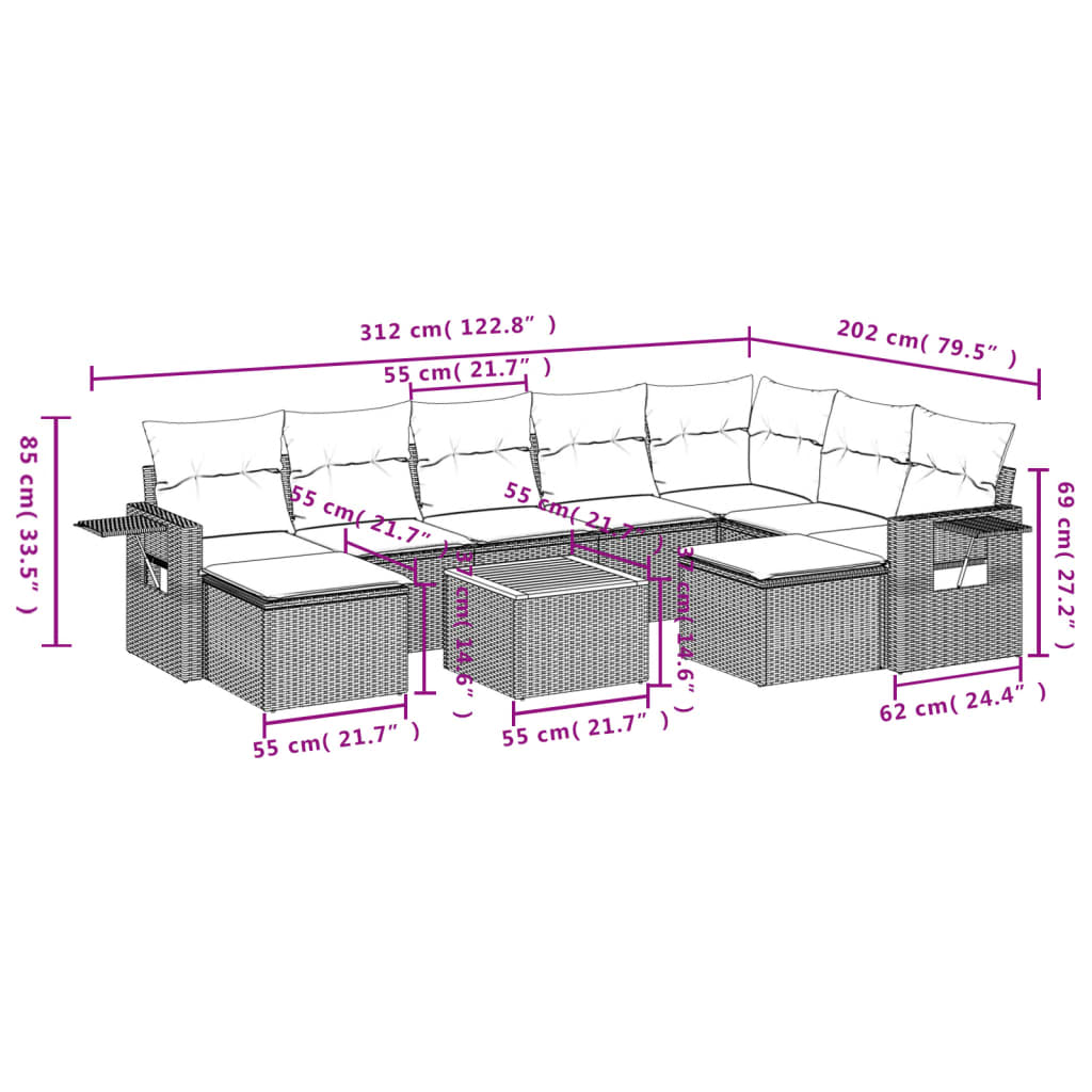 vidaXL 10 pcs conjunto sofás de jardim c/ almofadões vime PE preto