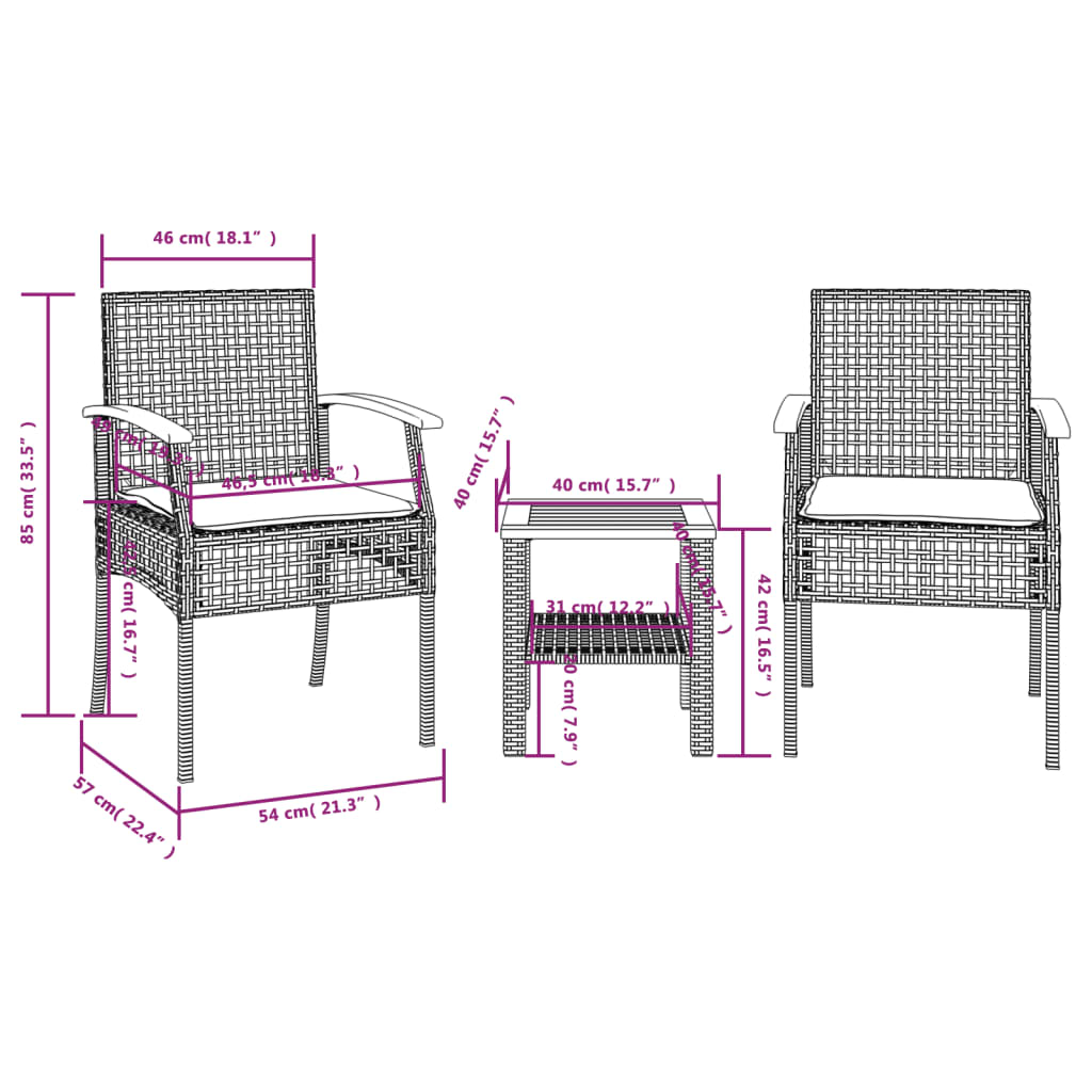 vidaXL Conjunto de bistrô com almofadões 3 pcs vime PE e acácia preto