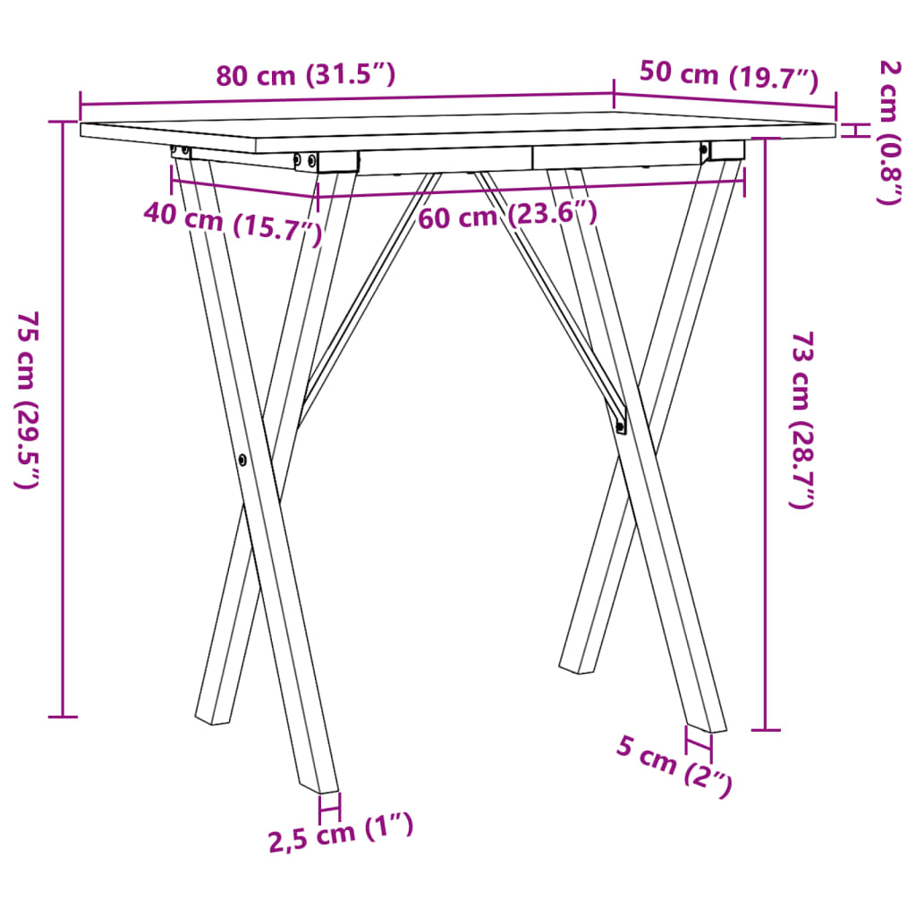 vidaXL Mesa de jantar estrutura em X 80x50x75 cm pinho e ferro fundido