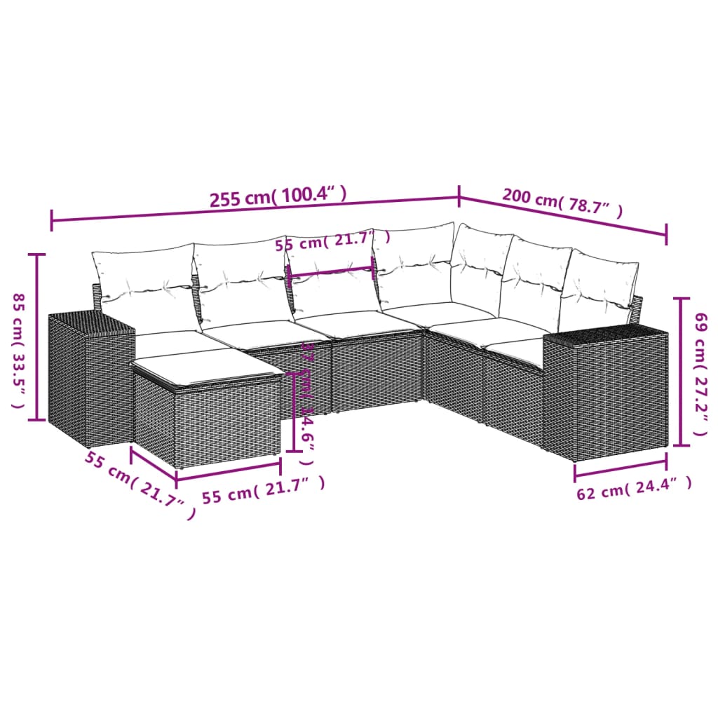 vidaXL 7 pcs conjunto sofás p/ jardim c/ almofadões vime PE cinzento