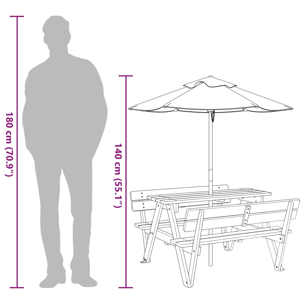 vidaXL Mesa de piquenique para 4 crianças com guarda-sol abeto maciço