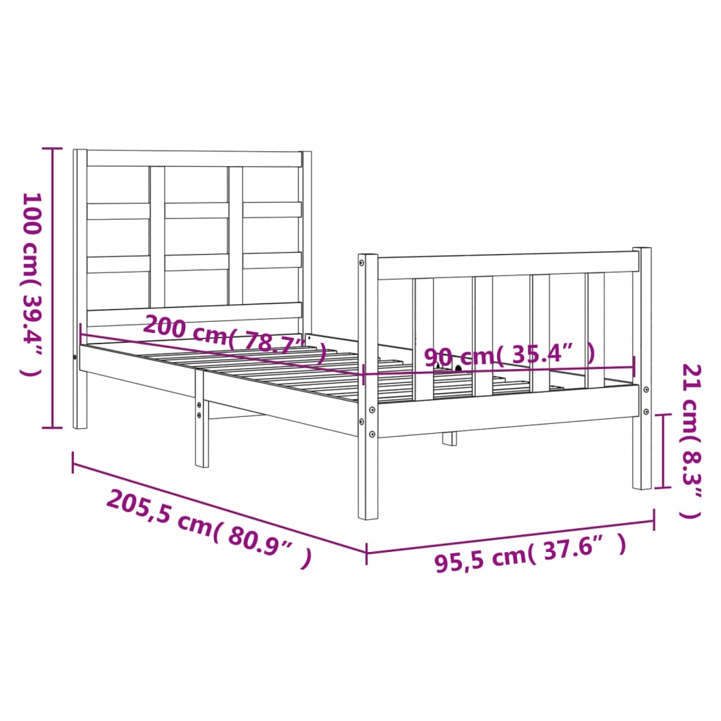 vidaXL Estrutura de cama com cabeceira 90x200 cm madeira maciça