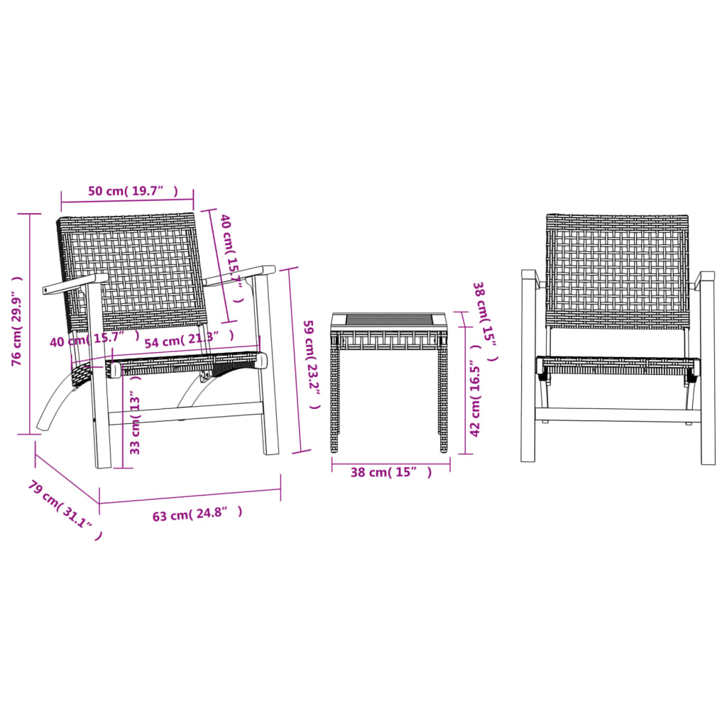 vidaXL 3 pcs conjunto de bistrô vime PE/madeira de acácia maciça bege