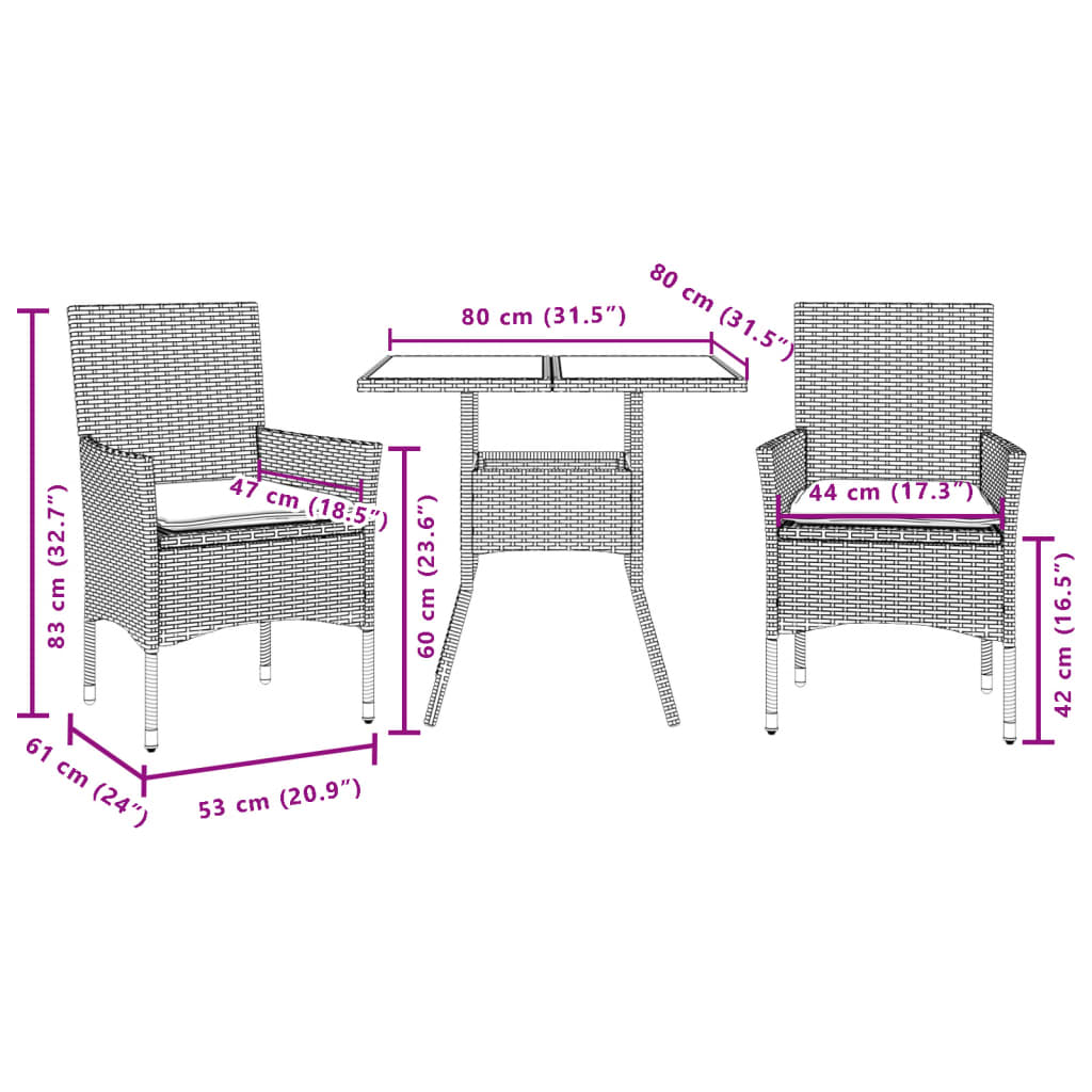 vidaXL 3 pcs conjunto jantar jardim c/ almofadões vime PE/acácia cinza