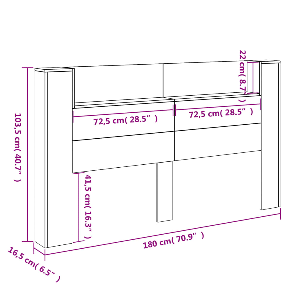 vidaXL Armário cabeceira luzes LED 180x16,5x103,5 cm carvalho castanho