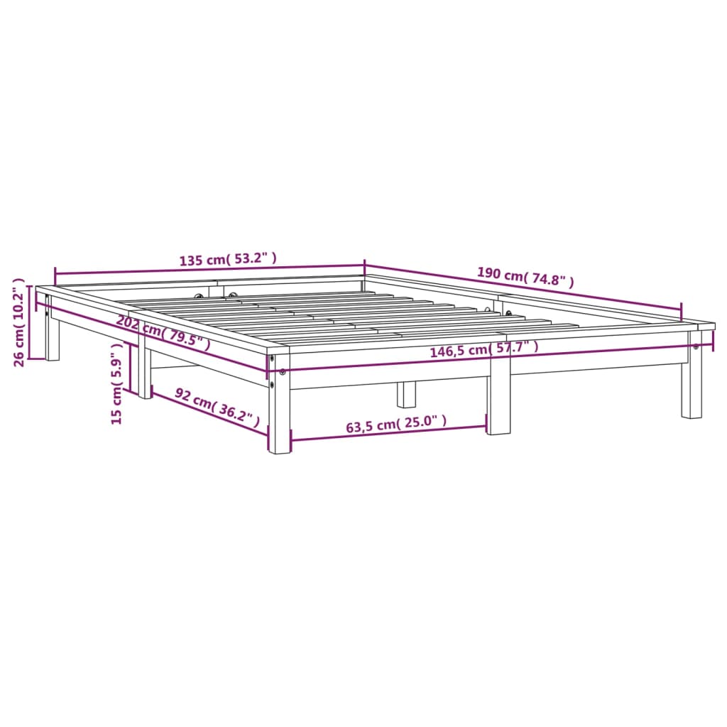 vidaXL Estrutura de cama de casal 135x190 cm pinho maciço branco