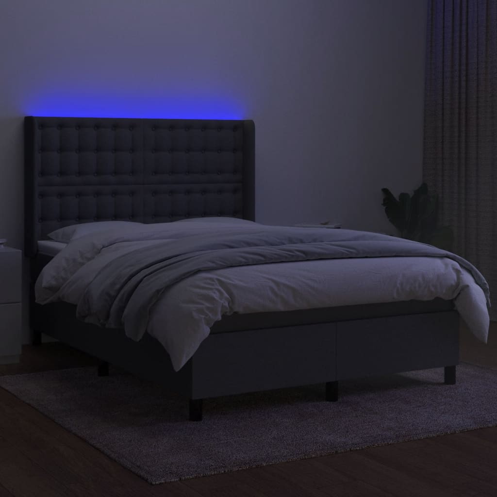 vidaXL Cama box spring c/ colchão e LED 140x190 cm tecido cinza-escuro