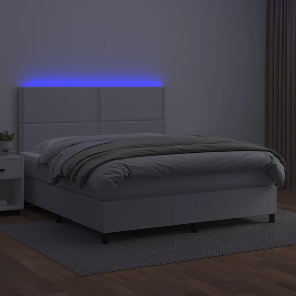 vidaXL Cama box spring c/colchão/LED 180x200cm couro artificial branco