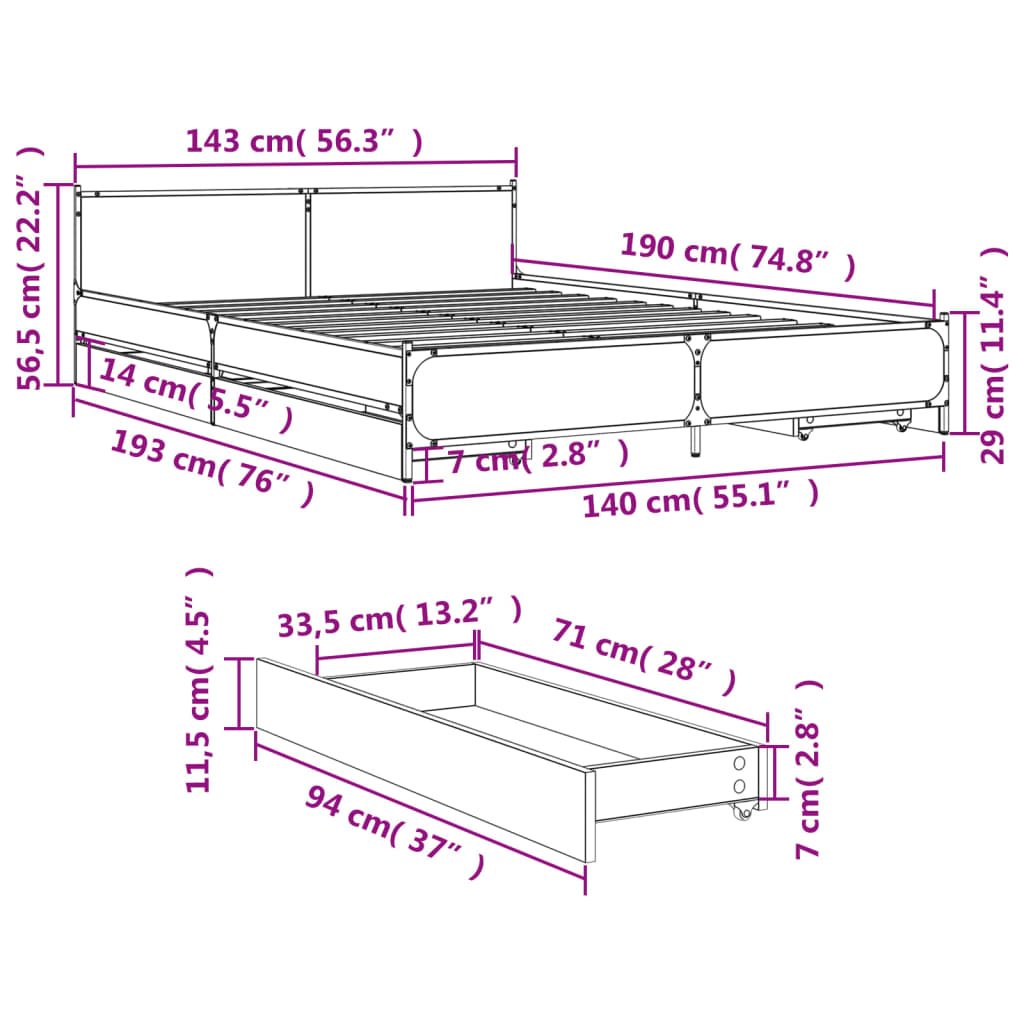 vidaXL Estrutura de cama c/ gavetas 140x190 cm derivados madeira preto