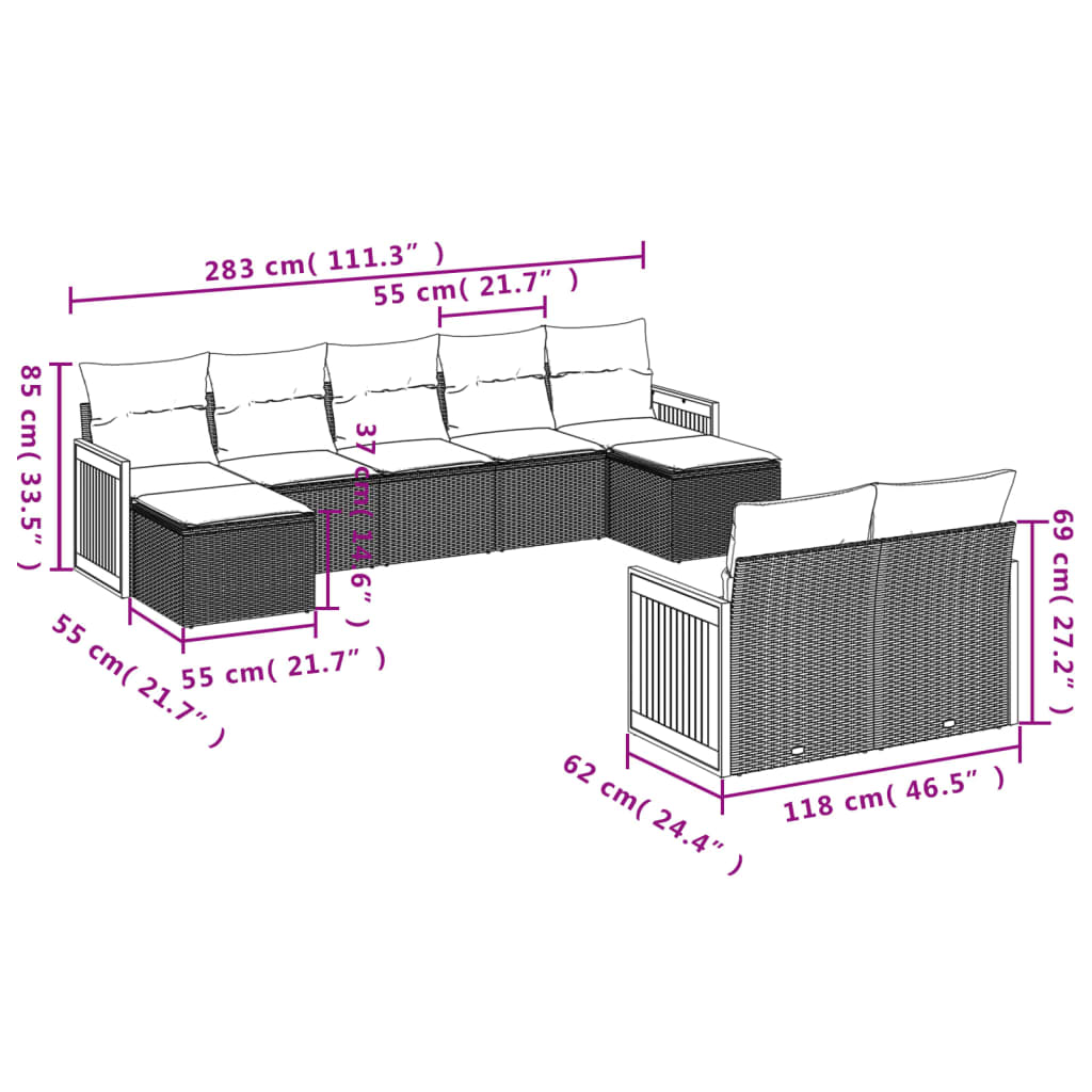 vidaXL 9 pcs conjunto de sofás p/ jardim c/ almofadões vime PE preto