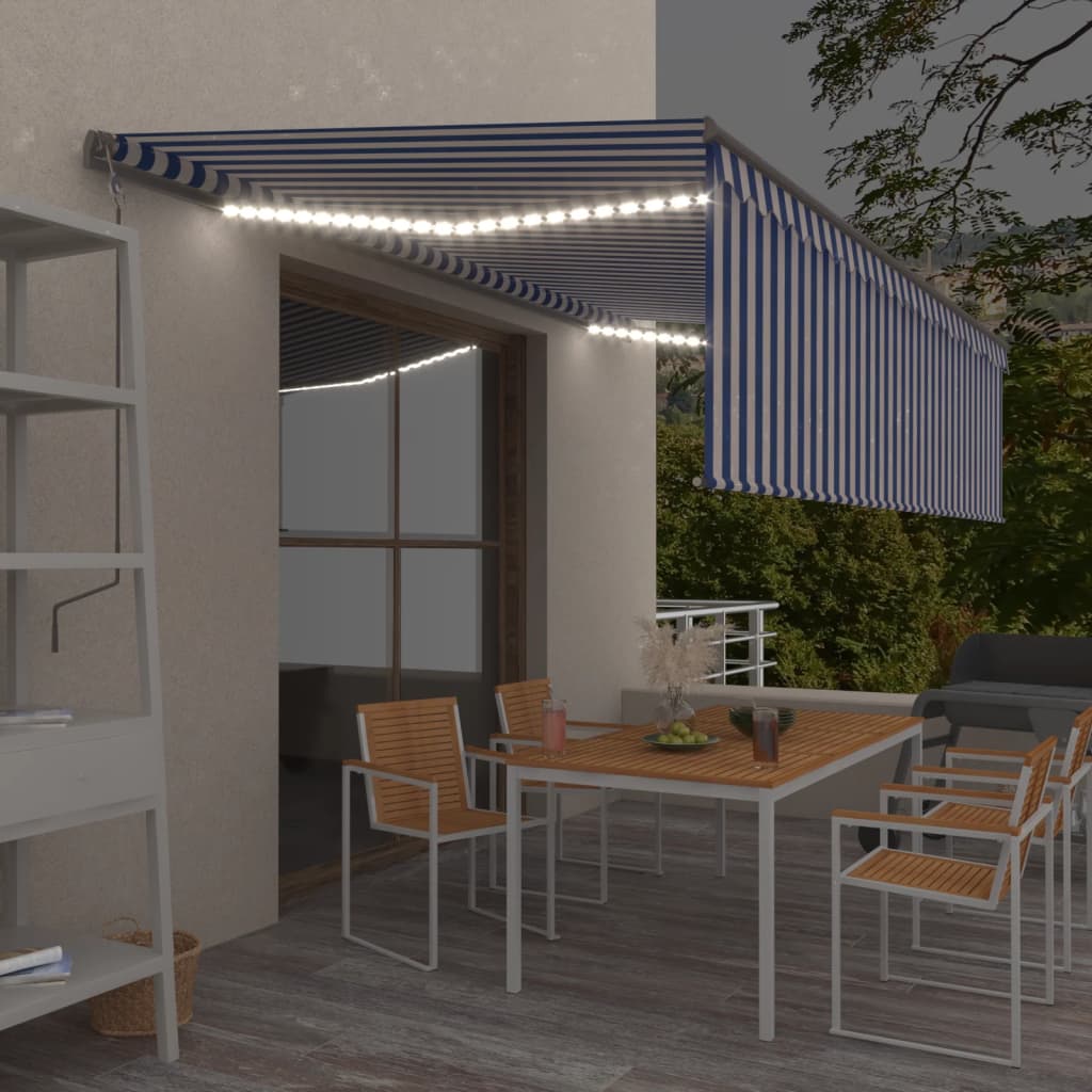 vidaXL Toldo autom. c/ estore/LED/sensor de vento 5x3 m azul/branco