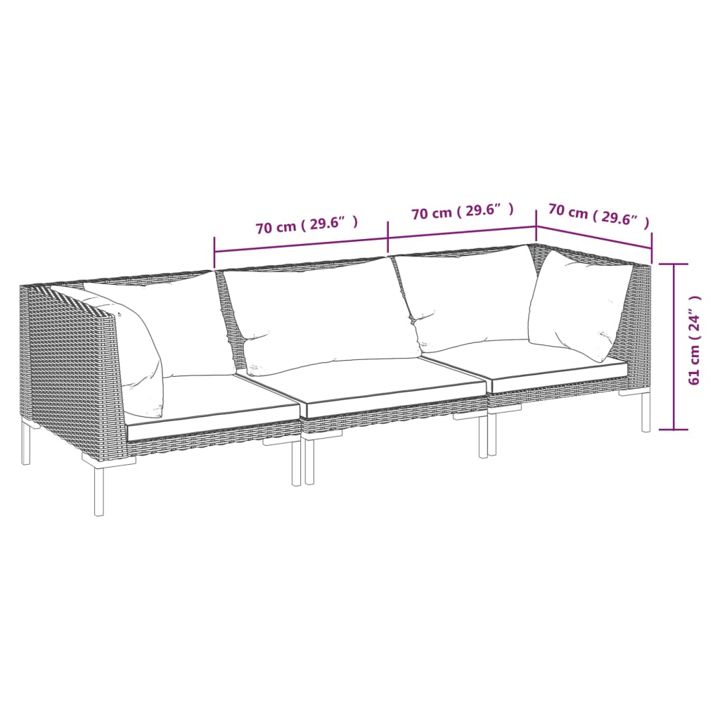 vidaXL 3 pcs conj. lounge jardim c/ almofadões vime PE cinzento-escuro